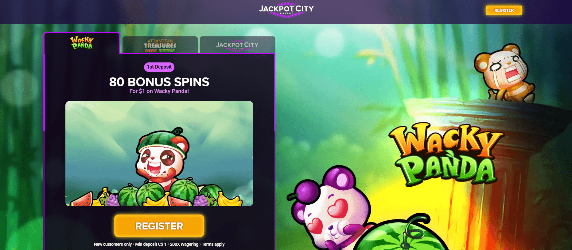 80 Free Spins for $1 on Wacky Panda form Jackpot City Casino