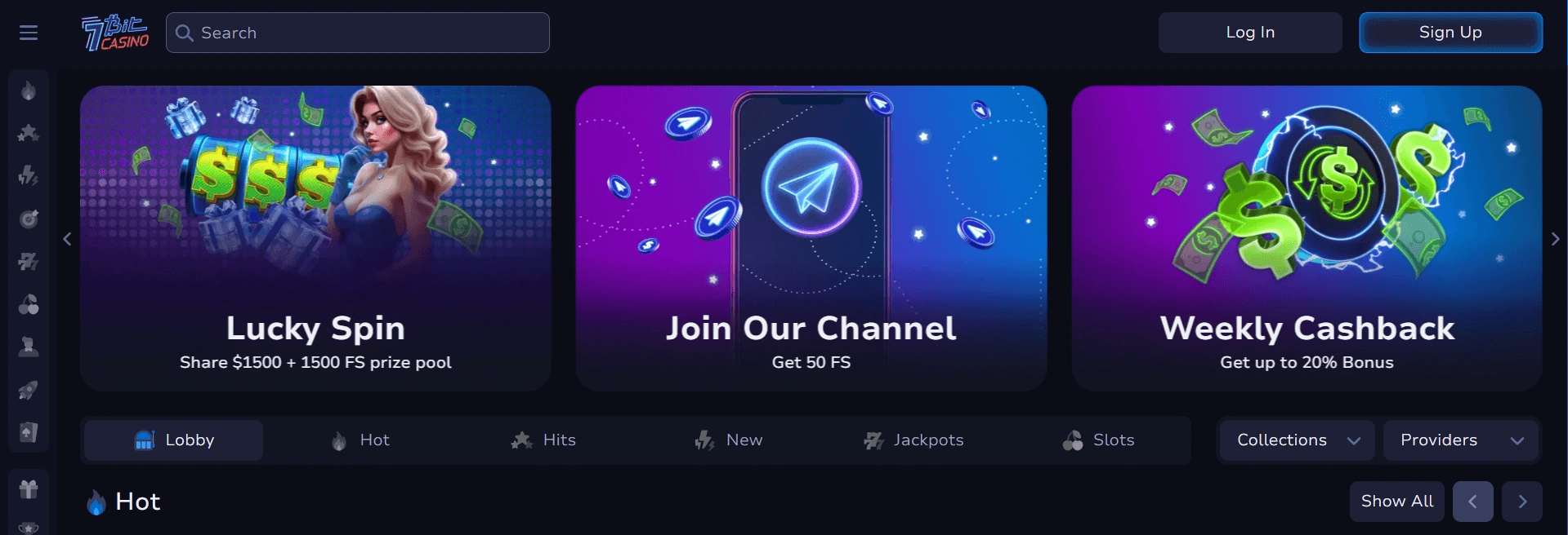 7Bit Casino homepage showing promotions like Lucky Spin, Weekly Cashback, and Join Telegram