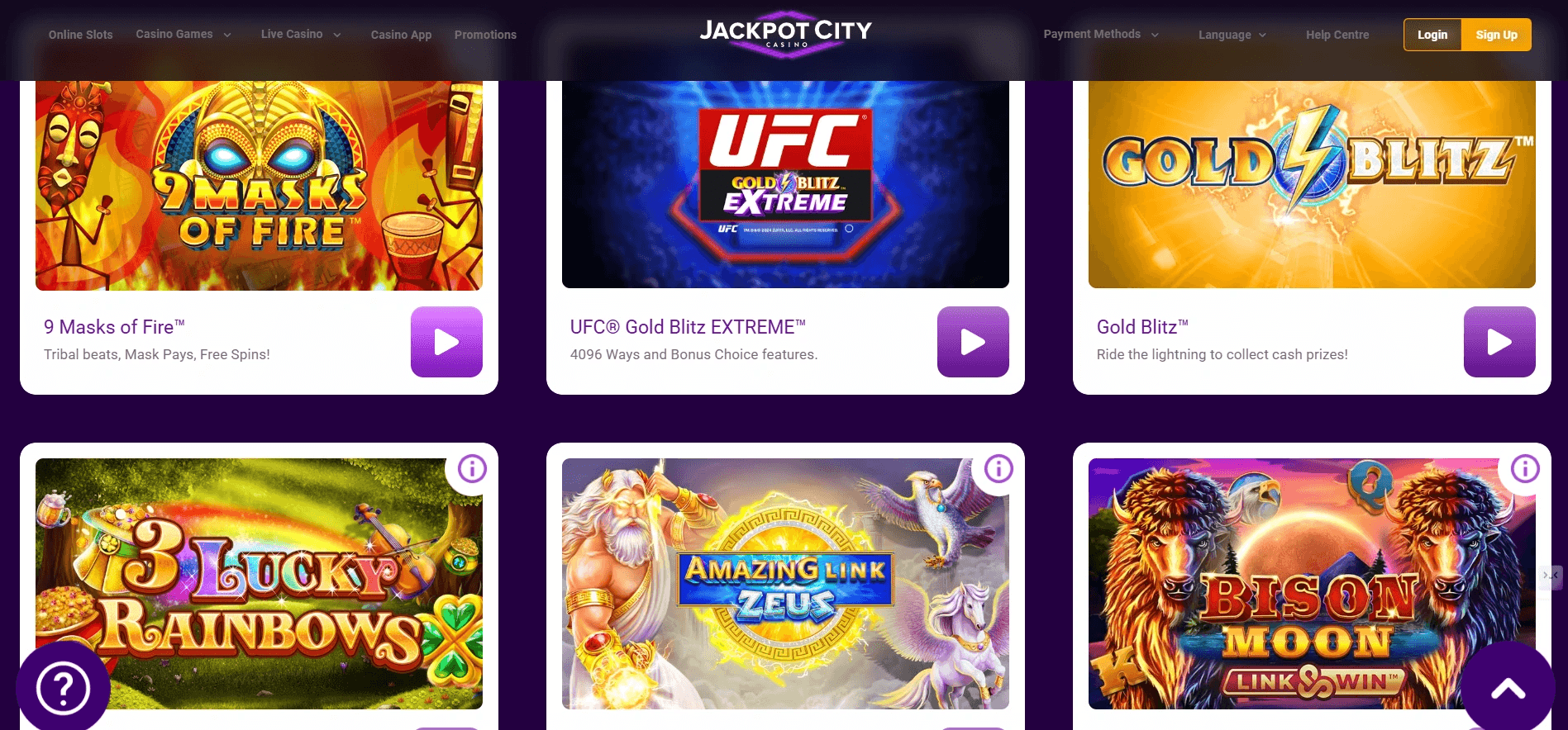 Jackpot City Casino game lobby showing slots like 9 Masks of Fire, UFC Gold Blitz Extreme, Gold Blitz, 3 Lucky Rainbows, Amazing Link Zeus, and Bison Moon