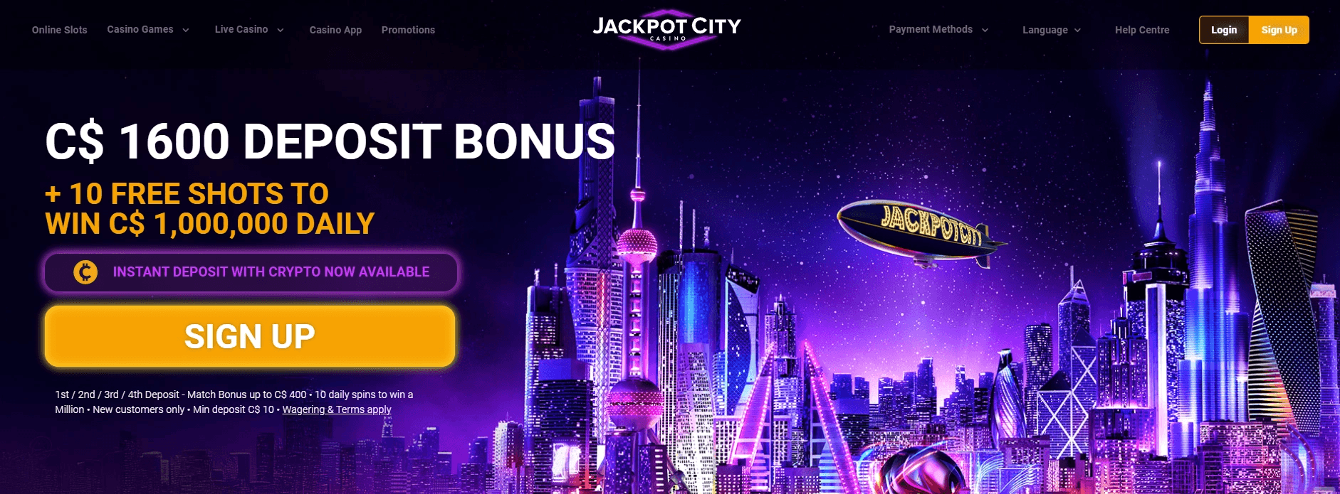 Jackpot City Casino welcome bonus banner offering C$1600 and 10 free shots for Canadian players