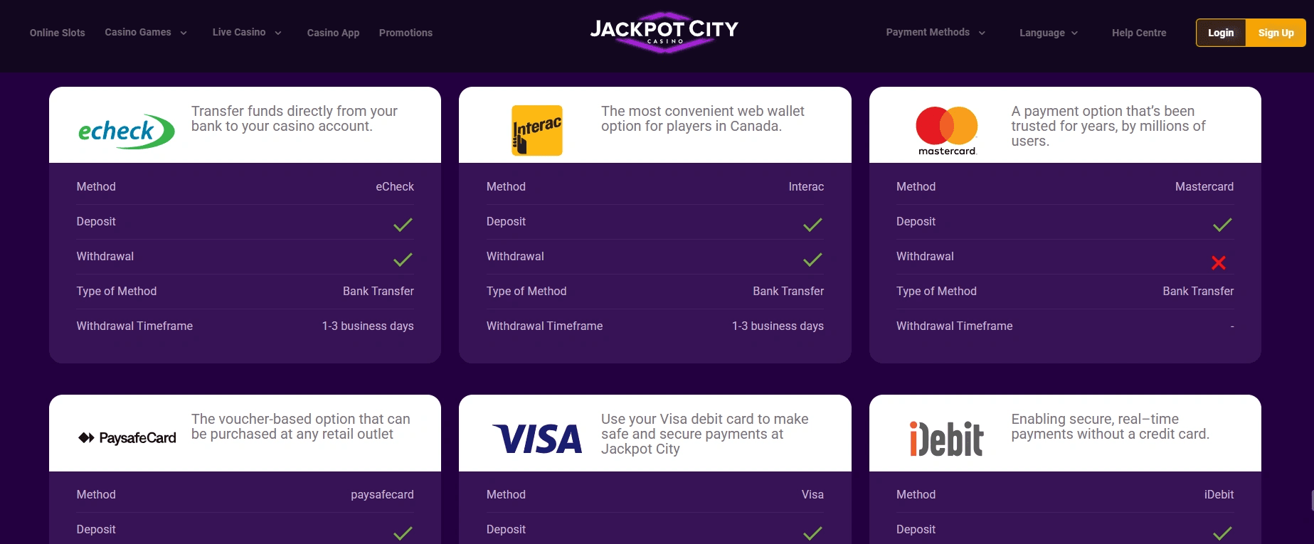 Jackpot City Casino banking page showing payment methods like eCheck, Interac, Mastercard, Paysafecard, Visa, and iDebit with deposit and withdrawal options